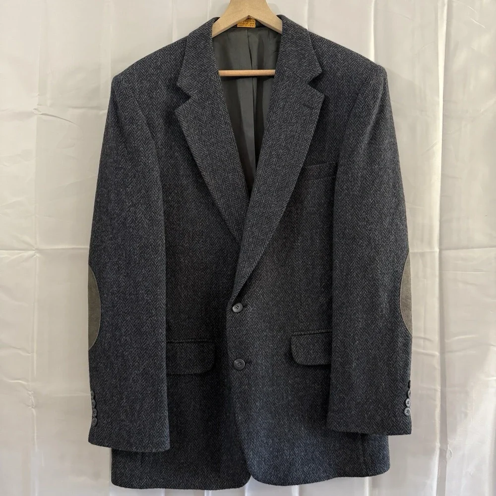 Vintage Mens 100% Wool Herringbone Tweed‎ Sport Coat Jacket Elbow Patch 42L USA